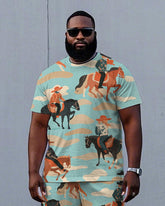 Big Men Hawaiian Style Horse Riding Cowboy Print Short Sleeve T-shirt and Shorts Set